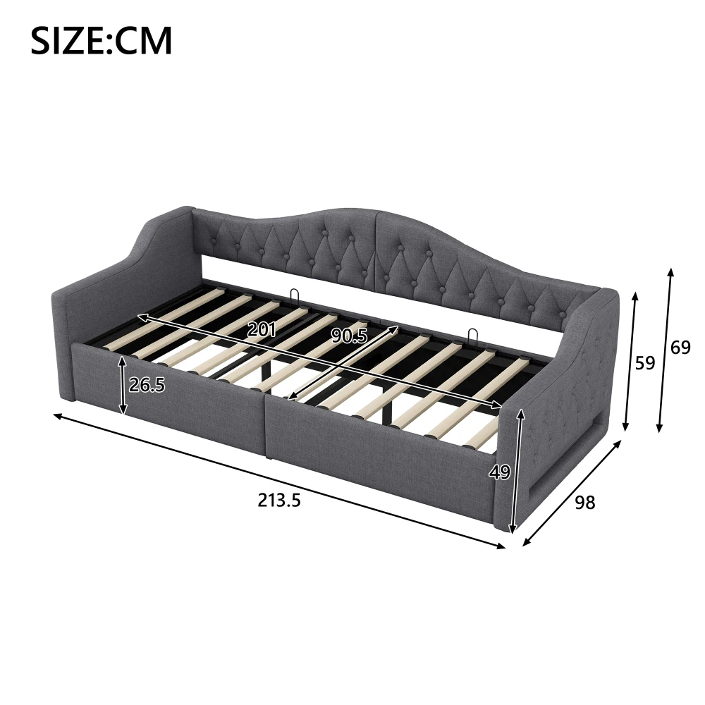 Bettgestelle und -gestelle, graues gepolstertes Tagesbett mit LED-Streifen, Stauraum unter dem Bett (ohne Matratze), Einzelbett in Doppelbettgröße – Detail 25