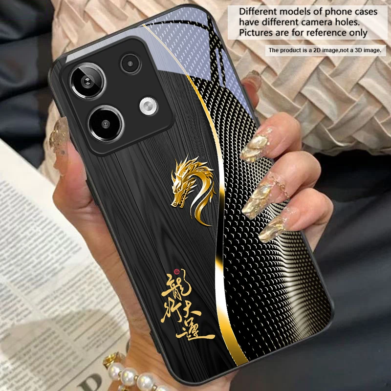 Elegant Black Tempered Glass Phone Case with Traditional Dragon Totem Design