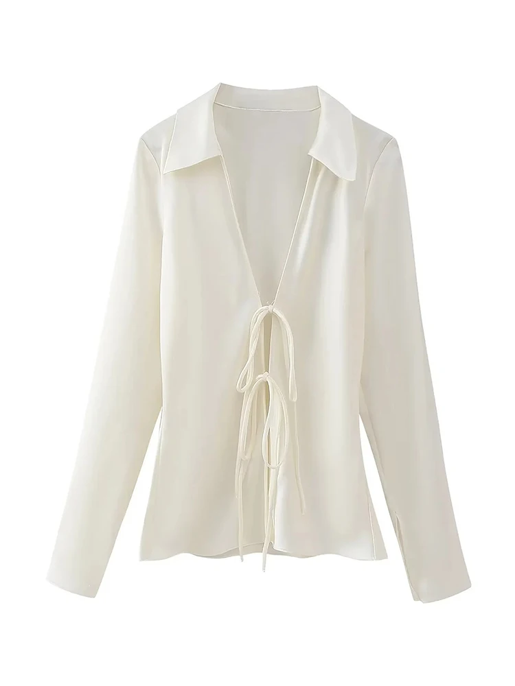 

Women V-Neck Long Sleeve Summer Casual Black Slim Blouse Ladies Spring Fashion Bow Lace Up 2024 White Open Stitch Tops