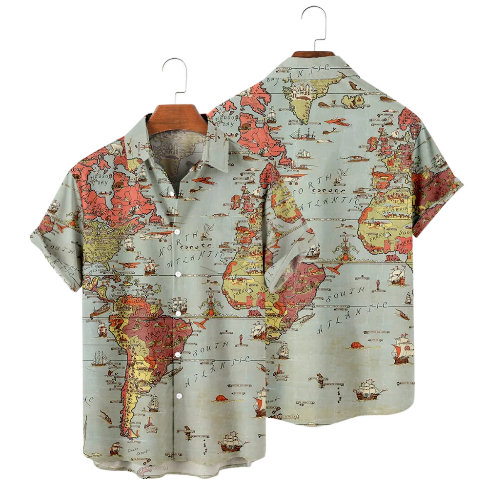 Summer Men's Shirts World Map Digital Printing Oversized Buttons Short Sleeves Loose Casual Slim Fit Shirts Fashion European Siz 2