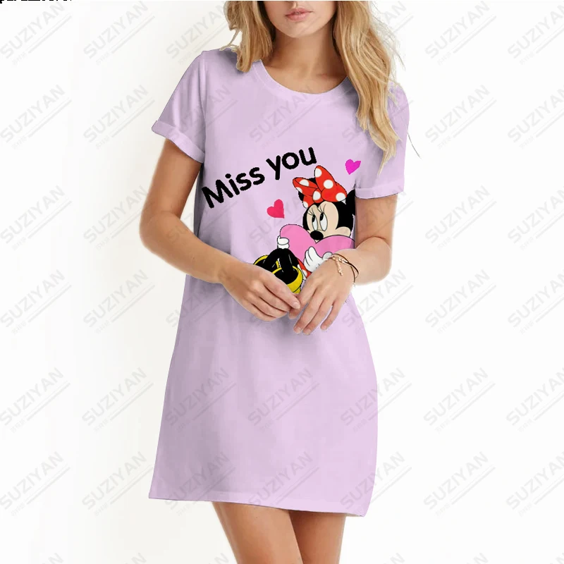 

New Hot Selling Women's A-line Dress Loose 3D Printed Women's Round Neck Short Sleeve Dress Large Disney Purple Women's Dress