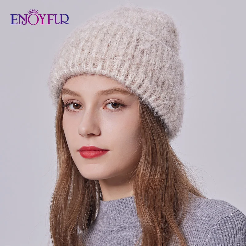 ENChain YFUR-Bonnet en laine de lapin Angora pour femme, chapeaux