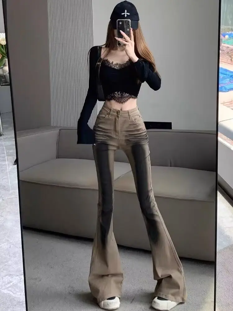 

Gradient Color Jeans Women's Elastic Hip Lifting High Waisted Pants Design Sense Niche Floor Mopping Micro Flared Pants