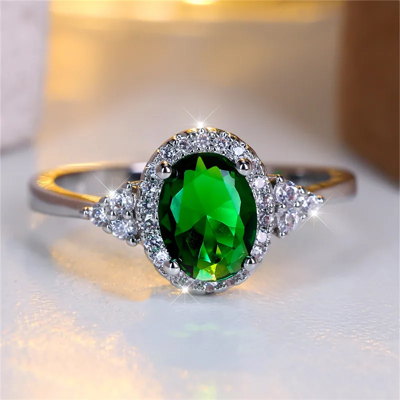 Cute Female Green Oval Zircon Stone Engagement Ring Silver Color Wedding Jewelry For Women