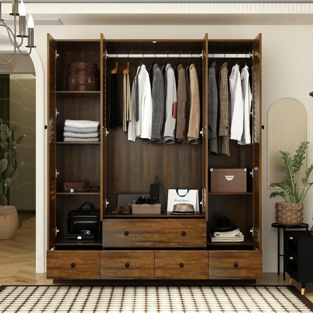 Multi-Tier Shelves, 5 Drawers, Hanging Rod & 4 Louver Doors, Wooden for, Wardrobes 3