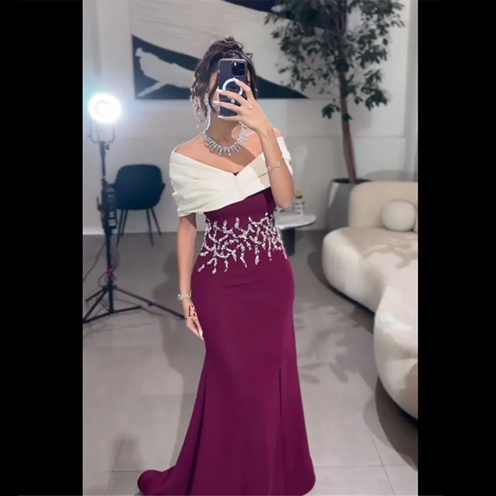 

MOBUYE 2024 Arab Dubai Off The Shoulder Neckline Prom Dress Short Sleeves Split Evening Fashion Elegant Party Dress For Women
