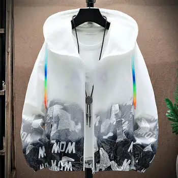 Men Sun Protection Clothing Hooded Windbreaker Long Sleeve Pockets Sunscreen Jacket Zipper Placket Shoes Print Quick Drying 1