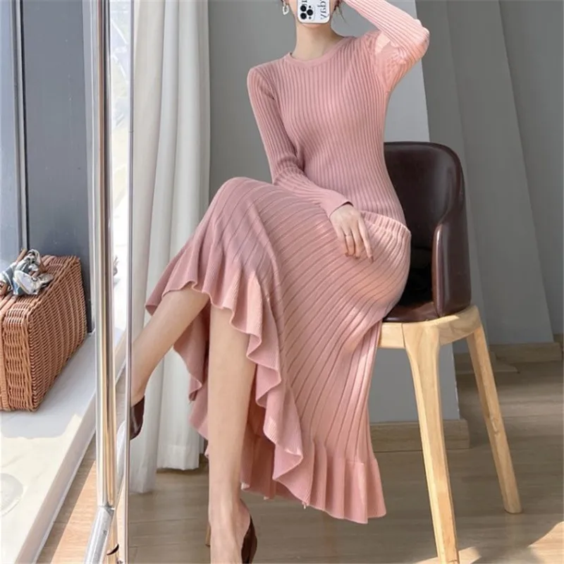 

Fishtail Knitted Dress for Women Medium Length Slim Fit Sweater Dresses Fairy Elegant Luxury High Quality Spring and Autumn New