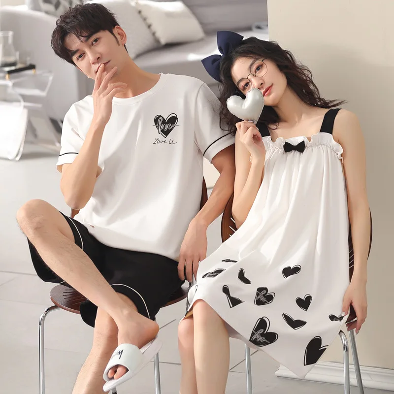 Couple Nightwear Summer Sweet Short Sleeve Pajamas Women Nightdress Homewear Men Big Yards M-3XL Cotton Pijamas Mujer