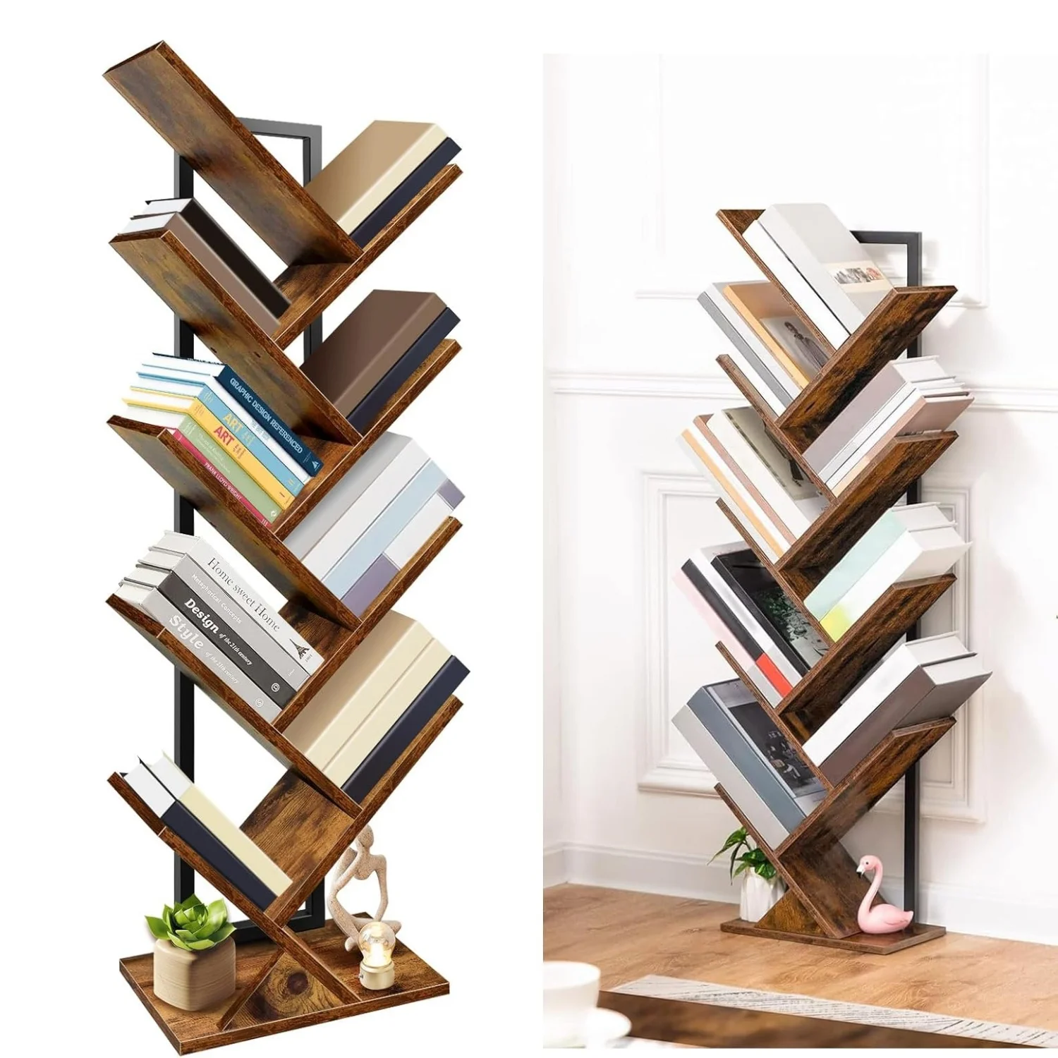 Brown 9 Tier Tree Bookcase Wooden Bookcase Floor Standing Corner Bookcase Personalised Display Storage Shelf