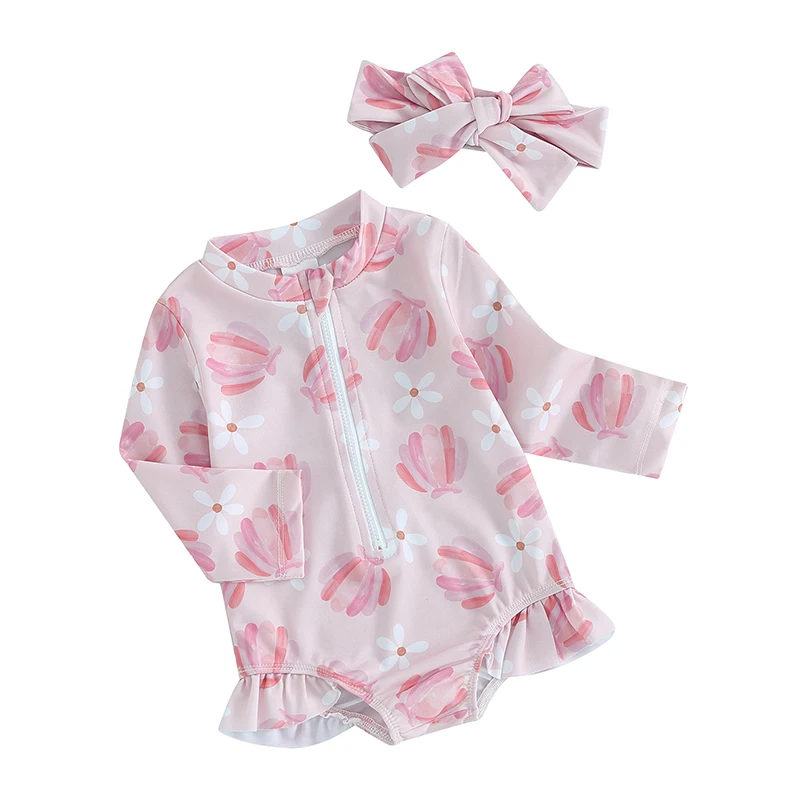 

Baby Girls Bikini Beach Swimwear Floral Ice Cream Print Long Sleeve Zip Up Bathing Suit