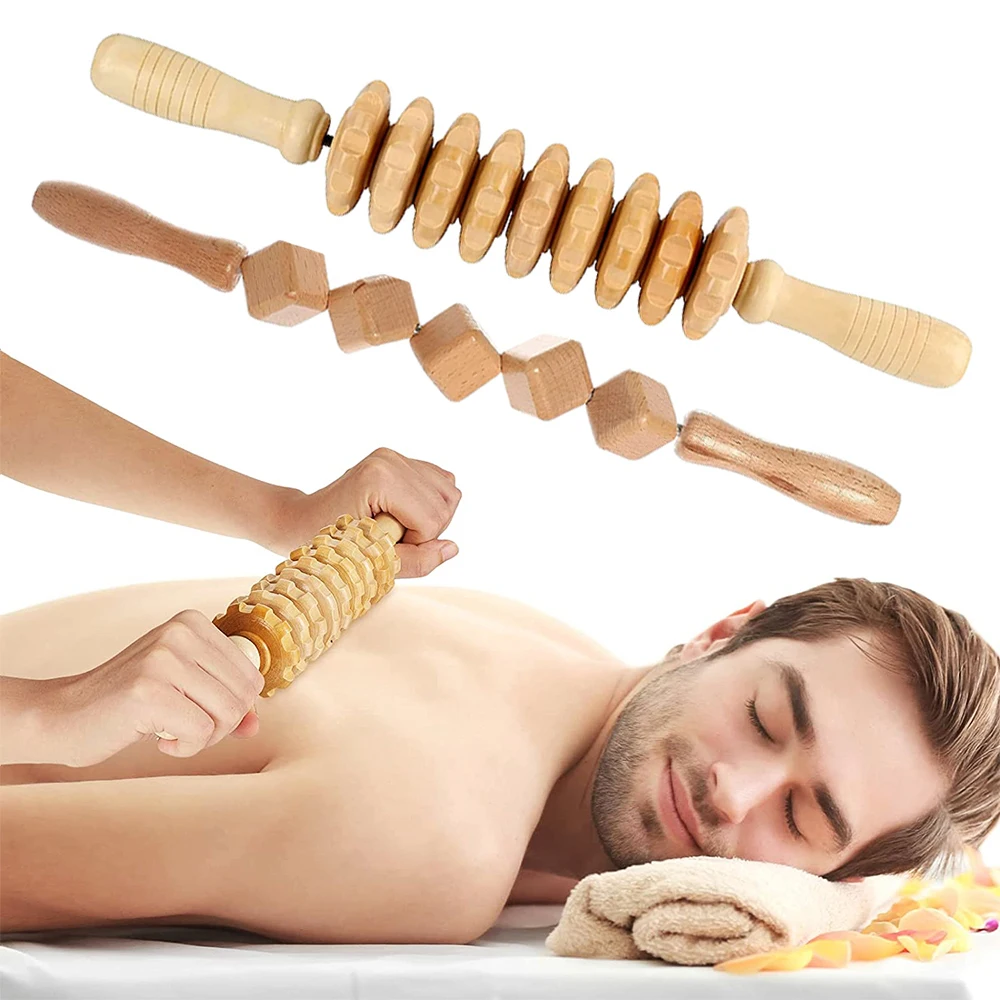 Wood 9-wheel and Cube Massage Stick, Wood Therapy Massage Tool Shoulder Back Waist Roller Massager Full Body Muscle Pain Relief