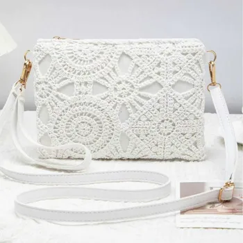 2025 Borsa a tracolla in tessuto a tracolla scavata versatile stile bohémien Borsa a tracolla da donna floreale da spiaggia casual Borsa per il tempo libero