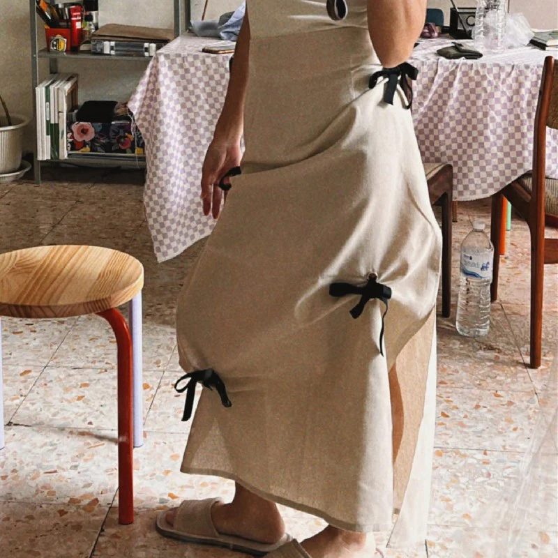 y2k Skirts Women Aesthetic Clothes Solid Color High Waist Split Midi Skirts with Bow Decor 2000s Skirts Streetwear