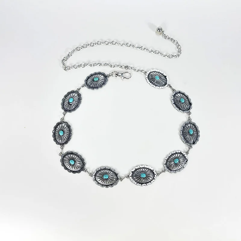 Retro Silber Bohemian Damen Taillenkette Gürtel Luxus Designer Blaue Edelstein-Kette Western Cowboy Röcke Kleider Jeans Gürtel – Detail 19