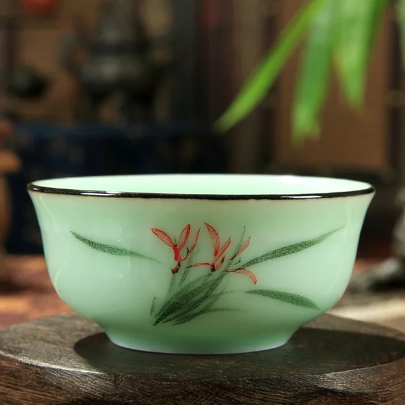 60ml Celadon Landscape/Orchid/Bamboo Rhyme Teacup Hand-painted Embossed Singer Carp Fish Creative Chinese Pu'er Cup 7*3.2cm