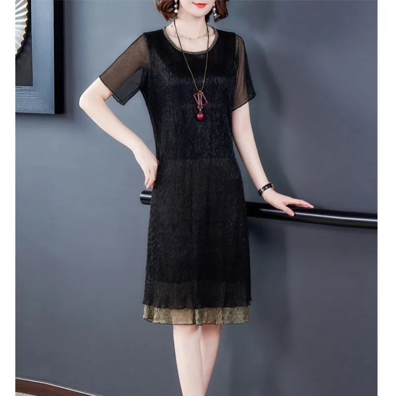 

2024 Women's Summer Pullover Round Neck New Combination Fashion Solid Color Slim Mesh Fashion Elegant Loose Short Sleeved Dress