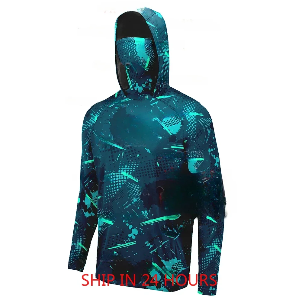 Fishing Shirts Summer UPF 50+ Mens Hooded Fishing Shirt Mask UV Hoodie