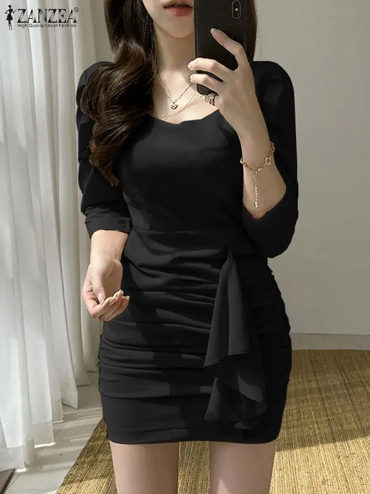 

ZANZEA Women Sexy Slimming Club Sundress Elegant Square Neck 3/4 Sleeve Mini Dress Summer 2024 Robe Casual Pleated Pencil Dress
