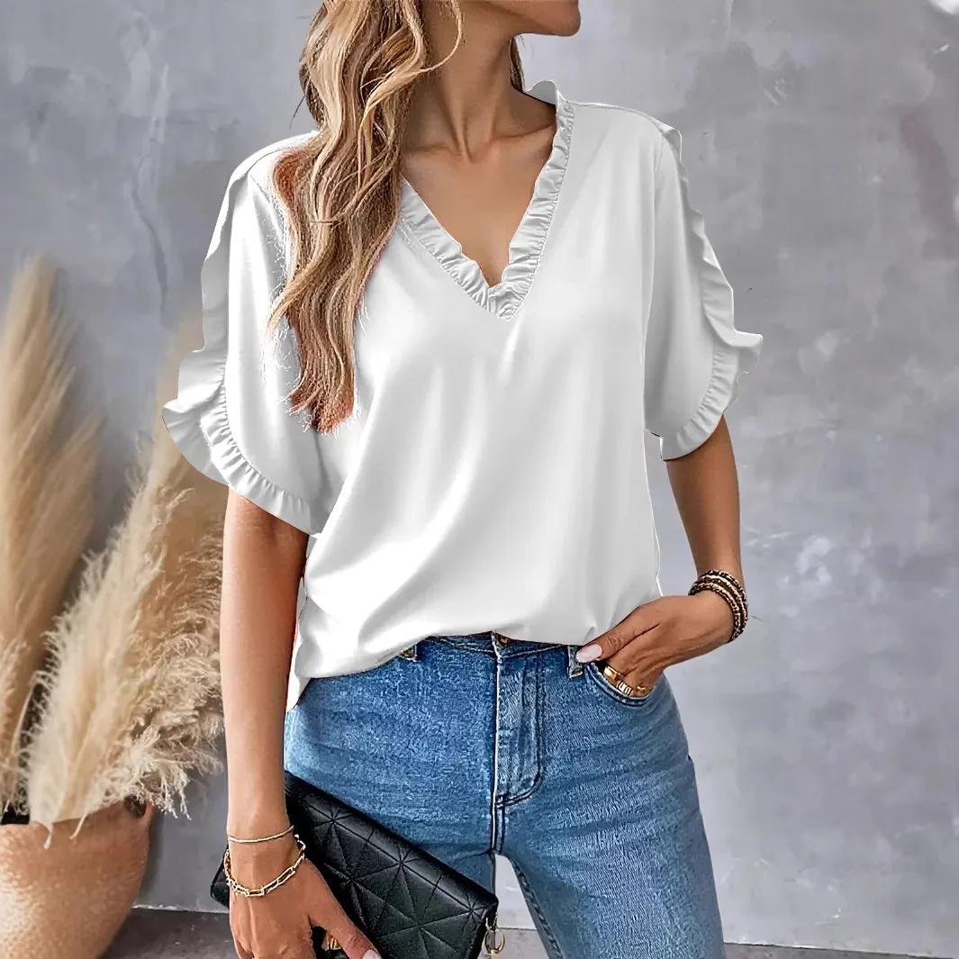 Women Loose Fit V Neck Short Sleeve Blouse
