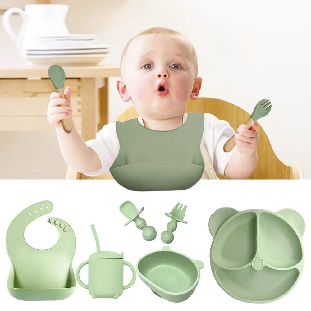 

1 Set Baby Serve Plate Anti-overturn Baby Feeding Plate Spoon Fork Silicone Toddlers Suction Plate Kit Kitchen Gadgets