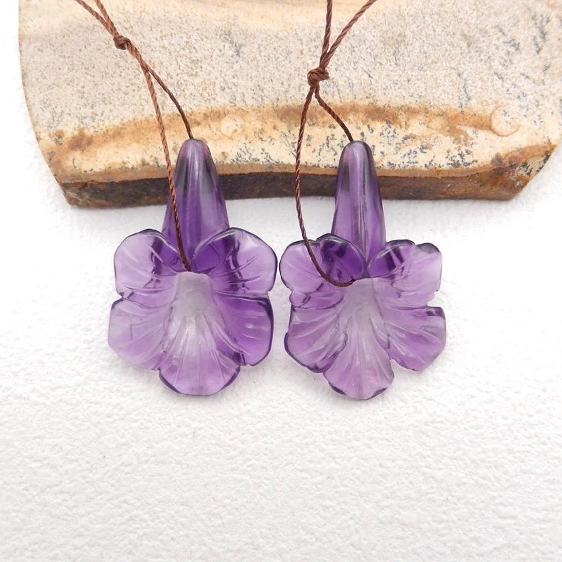 Carved Amethyst Flower Gemstone Earring Beads, Gemstone For Jewelry DIY Making, 35x23x8mm, 8.8g