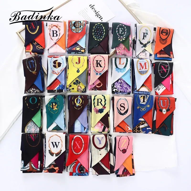 

2022 New Designer Initial Letter Printed Silk Hair Bandana Scarf Tie Women Vintage Long Skinny Bag Accessories Scarfs for Ladies