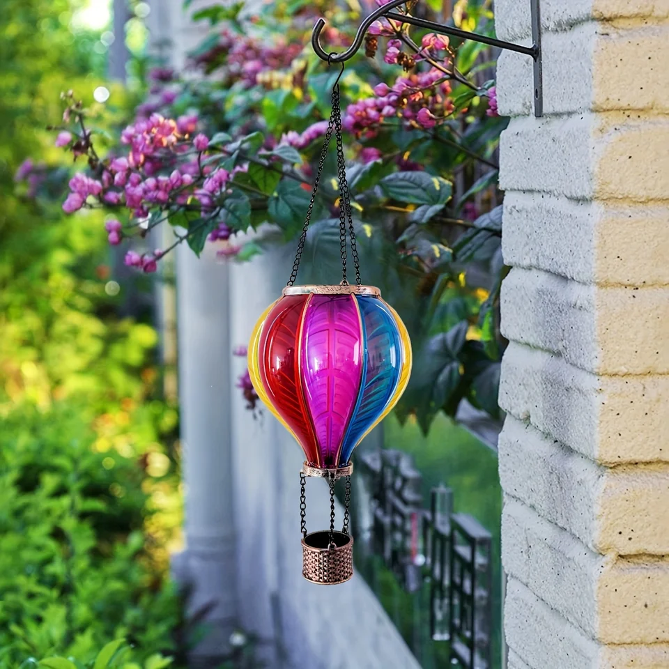 YELENEW Solar Table Lantern & Hot Air Balloon Light Set - Glass Solar Lamp + Flame Flickering Lantern, Waterproof Outdoor Decor