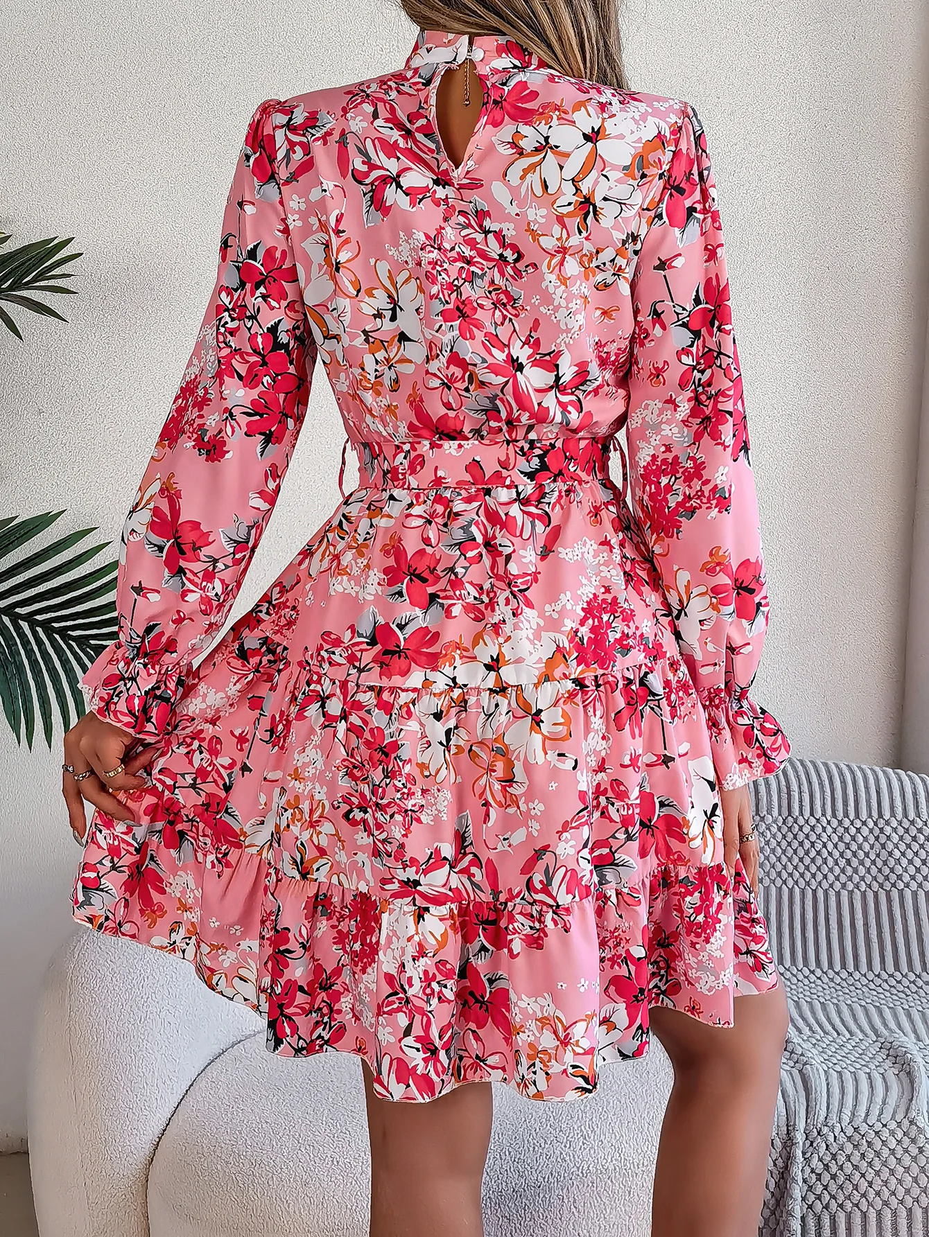 Women Spring Summer Floral Print Long Sleeved A Line Dress