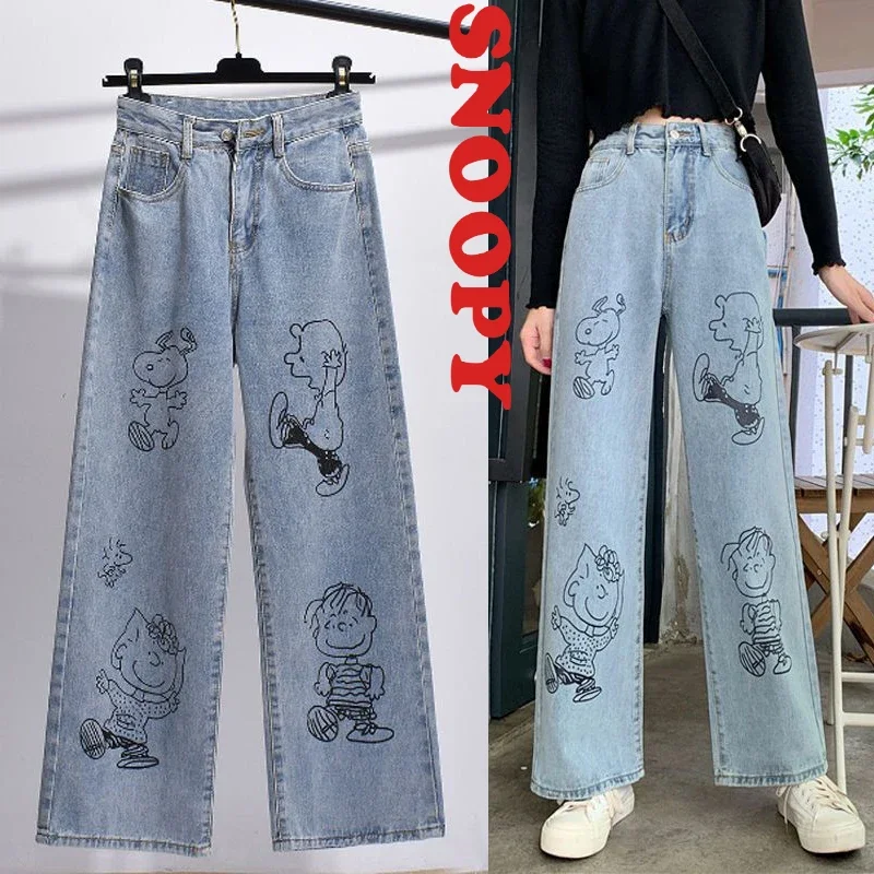 Snoopy Jeans Women Straight High Waist Cartoon Fashion Wide Snoopy Jeans Women Straight High Waist Cartoon Fashion Wide