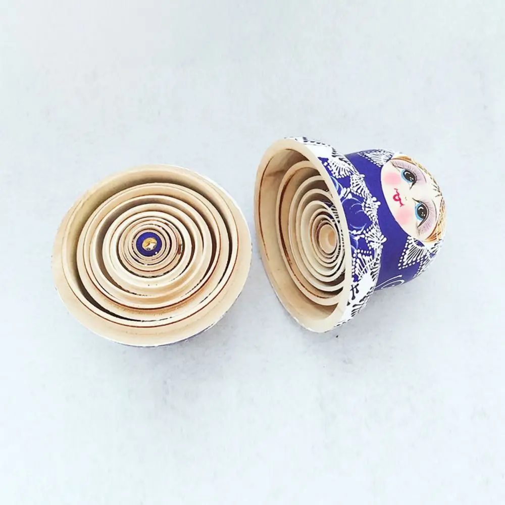 10Pcs/Set Ornament Wood Russian Nesting Dolls Blue Floral Print 10 Layer Matryoshka Wooden Toys Handmade Cartoon Stacking Dolls