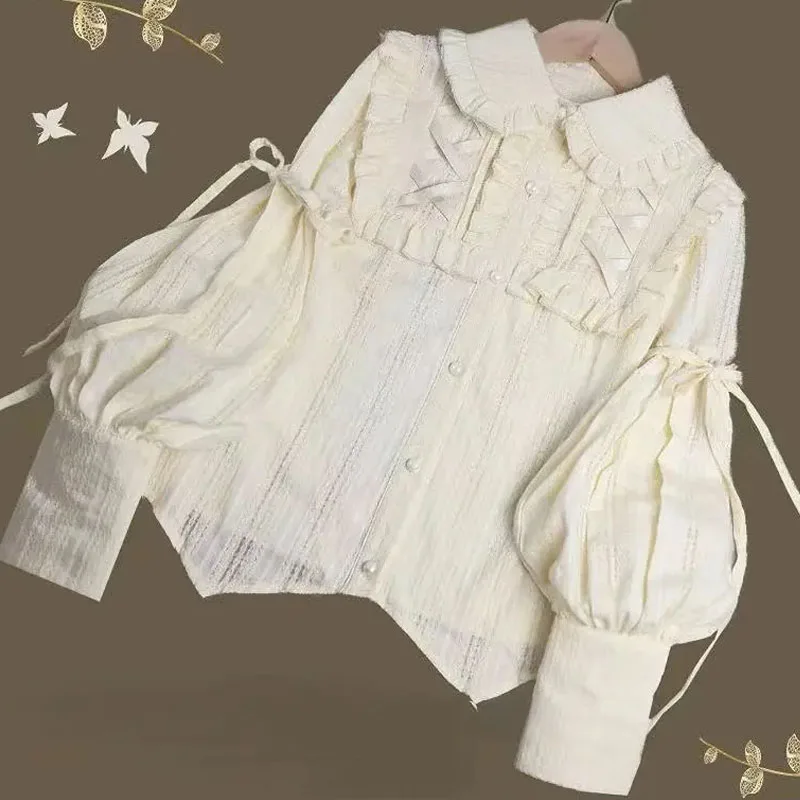 Sweet Ruffles Lolita Blouses Japanese Women Gigot Sleeve Basic Cotton Button Up Vintage Gothic Kawaii Tops