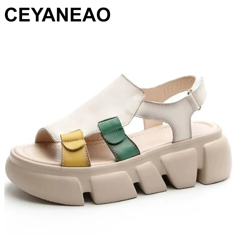 

Top Layer Cowhide Spell Color Women Roman Sandals Fashion Shoes 2023 New Summer Thick Sole Anti Slip Increase Sandals