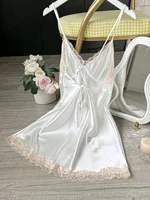 Women's Satin V-Neck Lace Trim Chemise 1-Pc Sexy Mini Nightdress