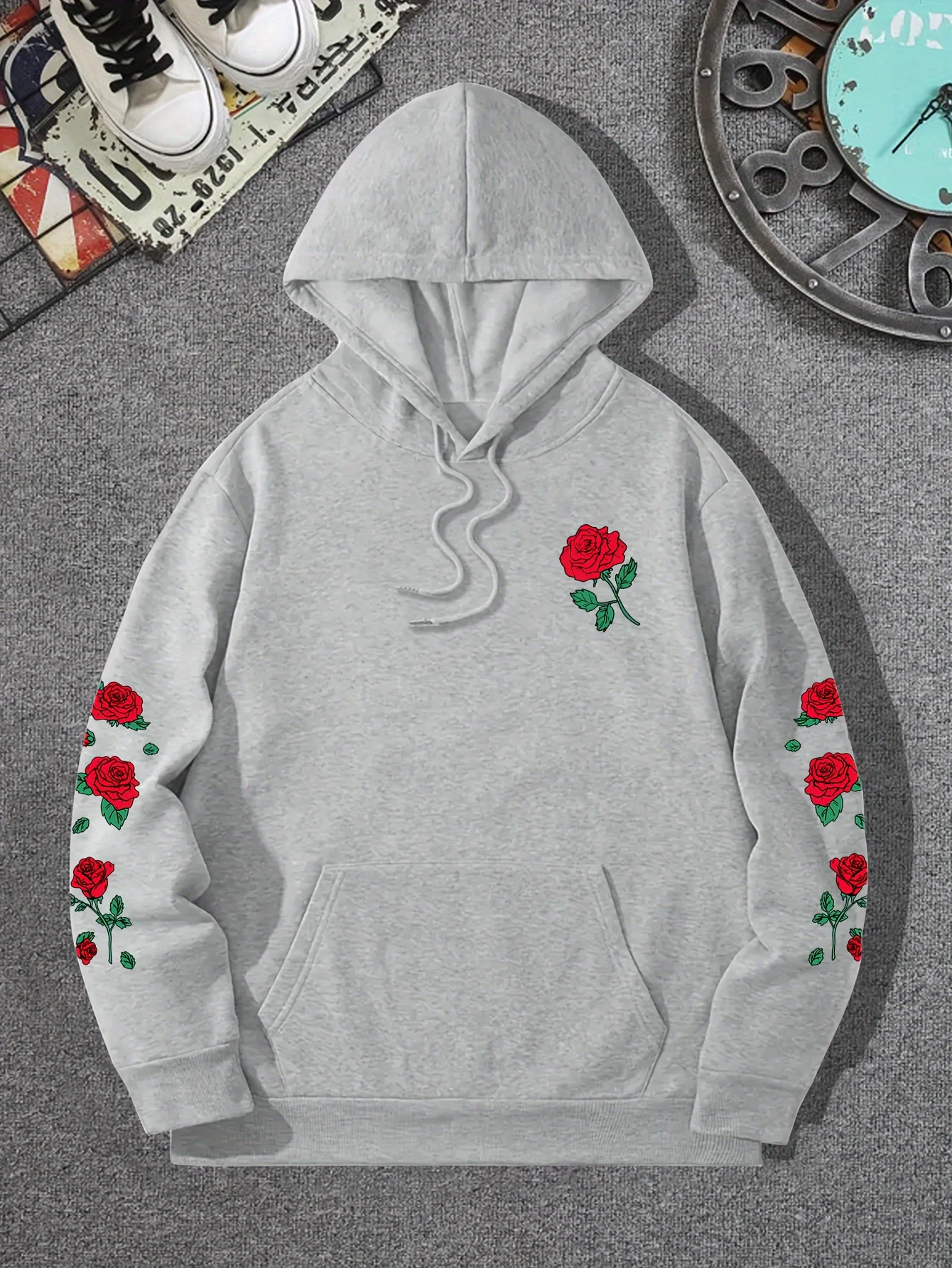 Boys Rose Print Hoodie Casual Floral Sleeve Hooded Sweatshirt Long Sleeve Streetwear Pullover Tops For Kids - 4
