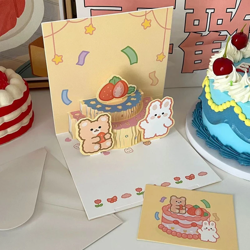 Light Music 3D Greeting Card Pop Up Cartoon Bear Cake Greeting Card Party Gifts Surprise Blessing Envelope Happy Birthday greeting cards