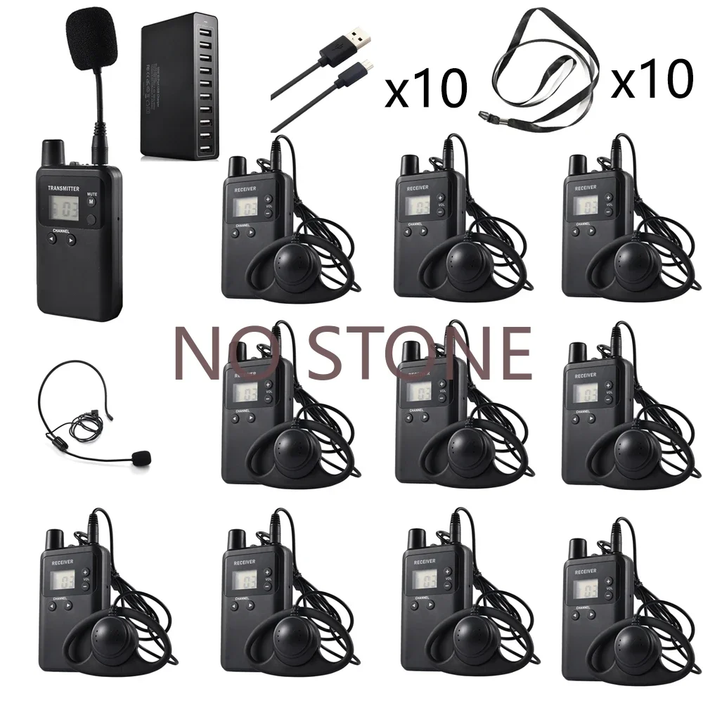

Wireless Whisper Tour Guide System 1 Transmitter with 2 Microphones, 10 Receivers with 10 Earphones, 1 Charger with 10 Cables