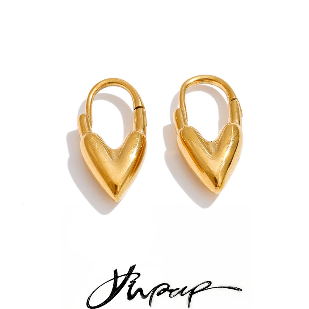 Yhpup 18K Golden PVD Plated Stainless Steel Heart Love Cast Hoop Earrings