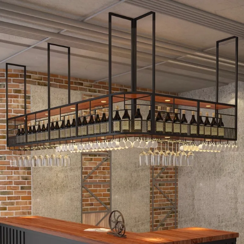 Modern Wrought Iron Wine Rack Display Cabinet with Light Bar Restaurant Minimalist Hanging Wine Cabinets Showcase Goblet Hanger