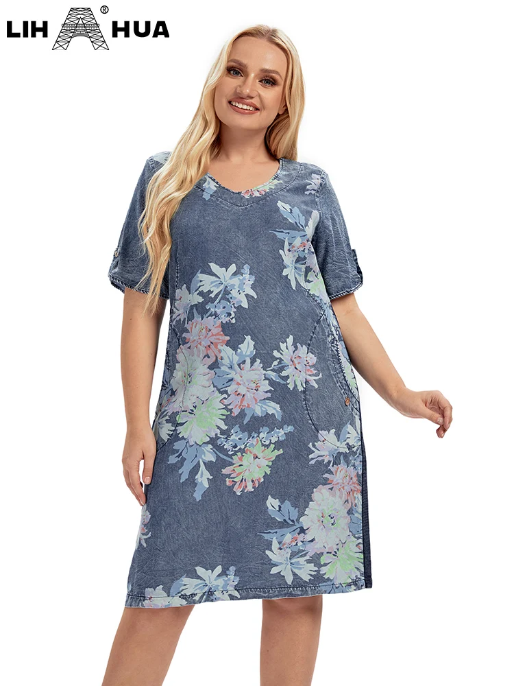 

LIH HUA Women's Plus Size Denim Dress Autumn Chic Elegant Dresses For Chubby Women Woven Cotton Dress
