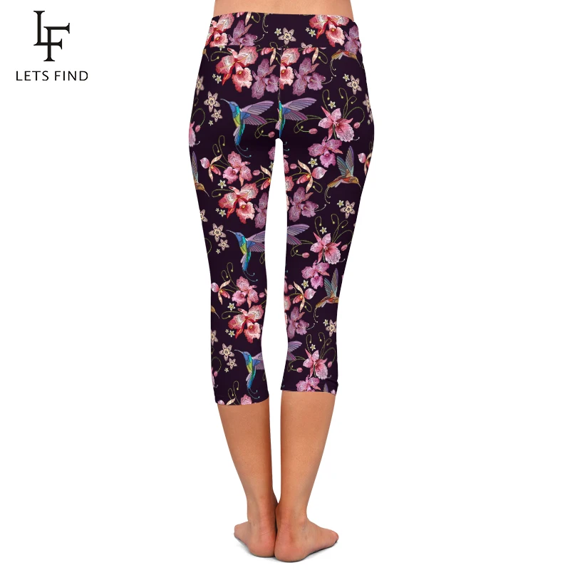 LETSFIND High Quaility 220gsm Milk Silk Birds and Orchid Print Capri Leggings High Waist Soft Stretch Leggings