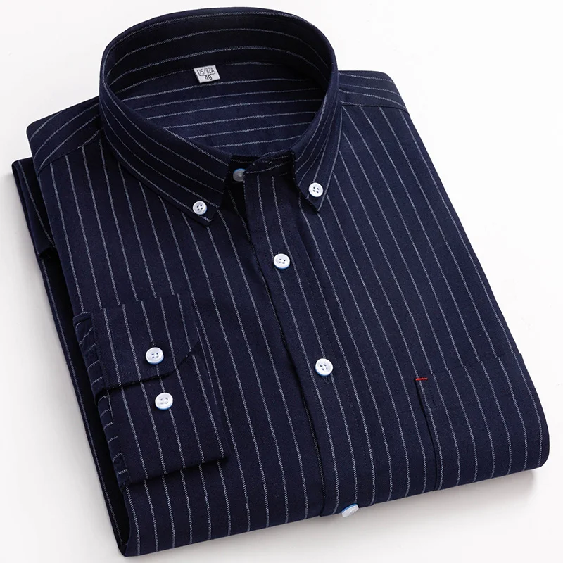 Casual koszule Oxford dla mężczyzn moda z długim rękawem w kratę w paski czysta bawełna z lewej kieszeni projekt regularny krój codzienny guzik biznesowy