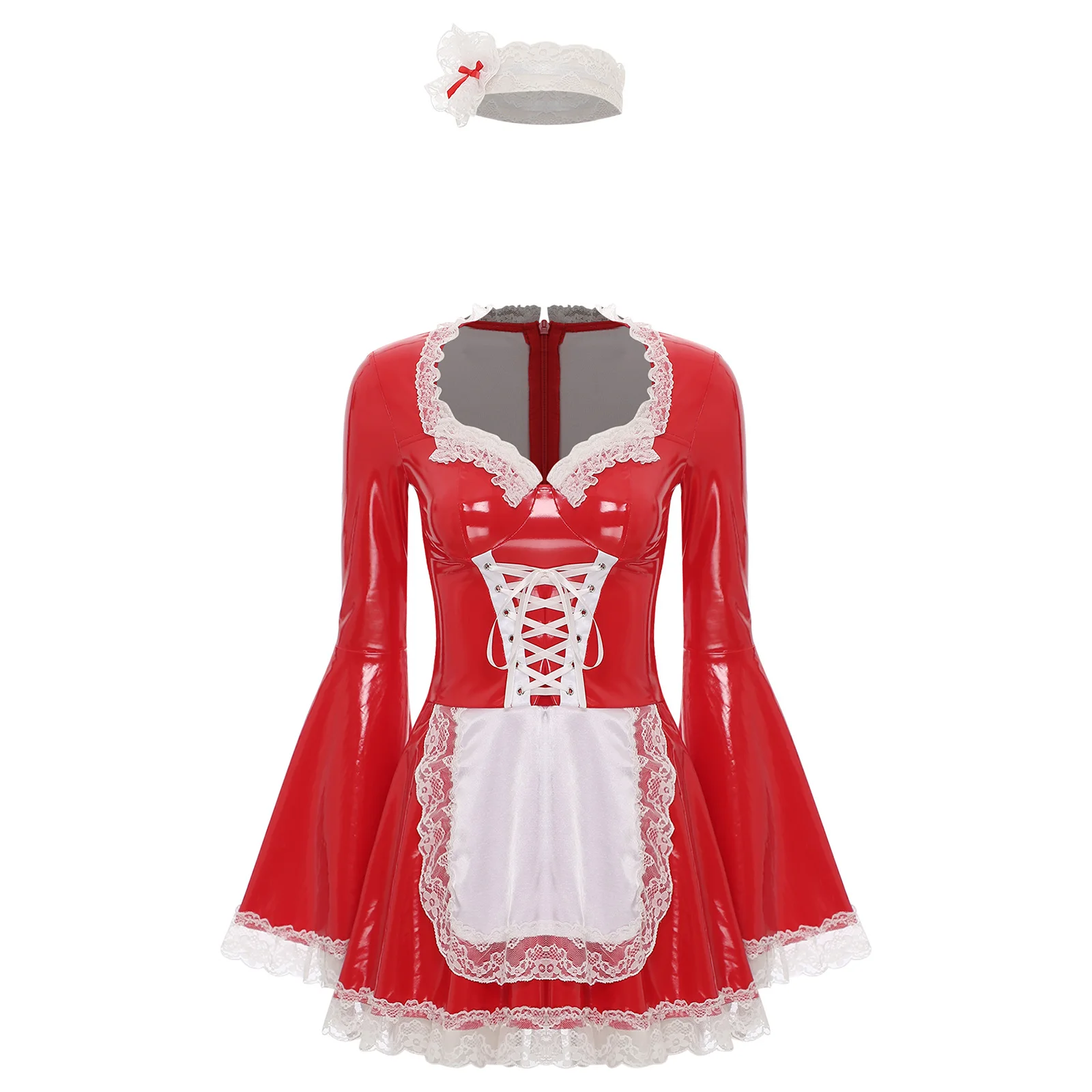 Women Halloween Maid Cosplay Costume Long Sleeve PU Leather Lace Trim Servant Dress with Headwear for Theme Party Nightwear