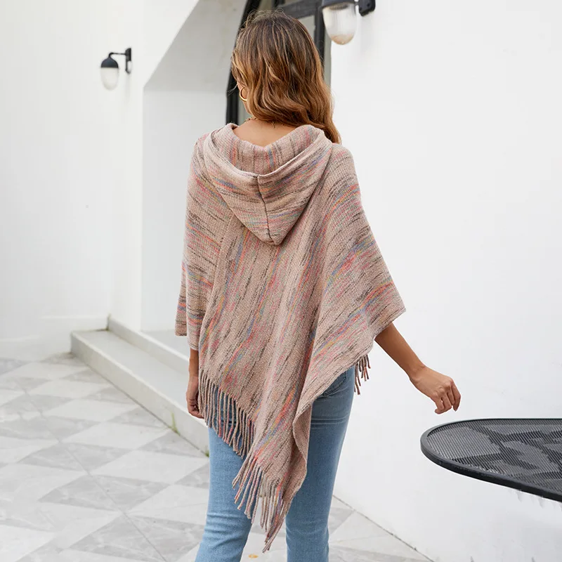 

Women's Batwing Sleeve Hooded Striped Poncho Ladies Fashion Sweater Cloak Pullover Shawl Female Tassel Cape Autumn Winter