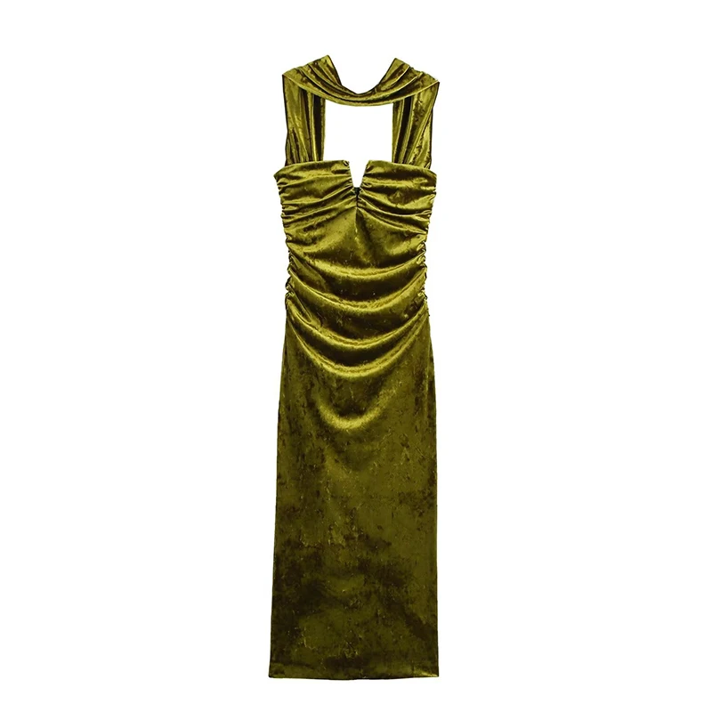 Elegant Halter Velvet Midi Dresses Women Backless Pleated Zipper Green Party Dress Female 2025 Spring Summer Lady Slim Fit Robes