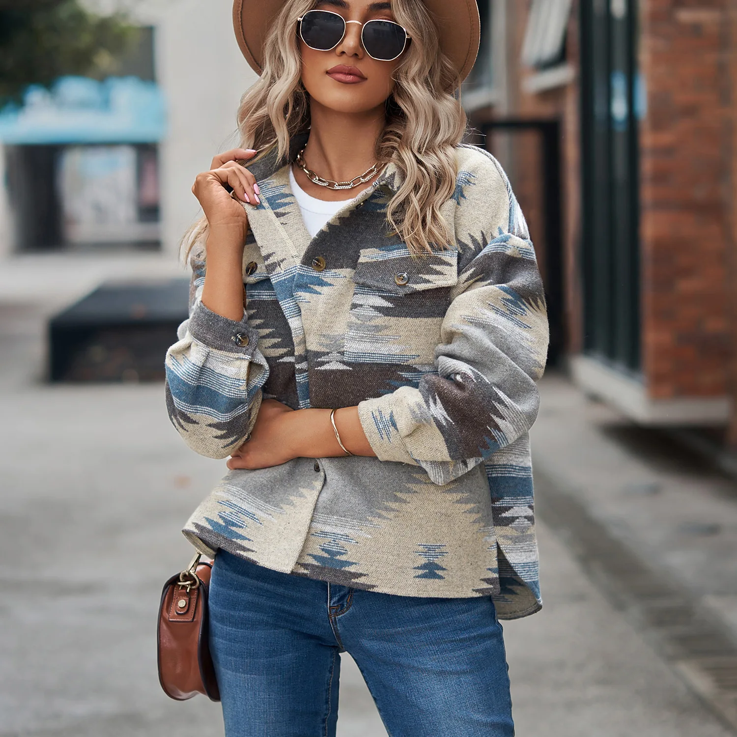Women Wool Coats Blends Coat Casual Geometric Print Turn Down Collar Y2k Streetwear Jackets Work Elegant Splice Jacket 2025 - 4