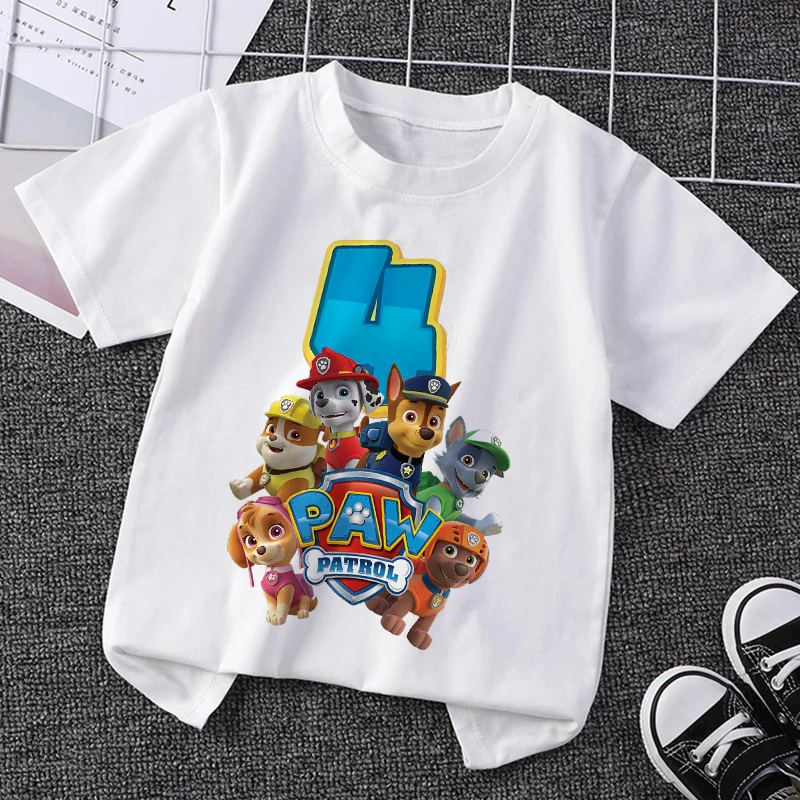 Paw Patrol Kinderkleidung, Geburtstagsnummer 1–10, T-Shirts, Cartoon-bedrucktes T-Shirt, Jungen und Mädchen, kurze Ärmel, Tops, Sommerkleidung