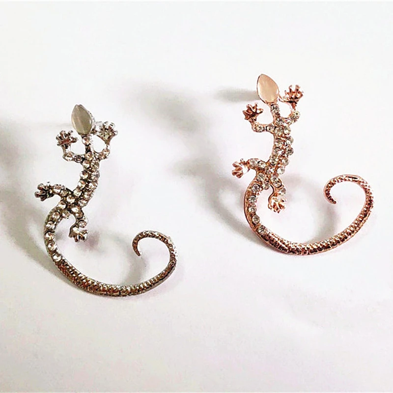 New Fashion Rhinestone Ear Cuff Earring luxury Rose Gold Color Exaggerated Gecko Lizards Earrings Elegant Metal Cat Ear Clip ear clip earrings,clip earrings,ear clip,ear accessories