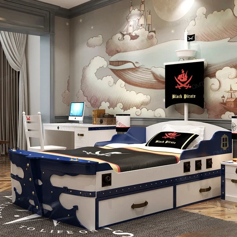 

Children's bed boy with guardrail all solid wood children's furniture 1.5m pirate ship single bed