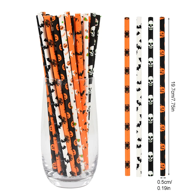25/50pcs Halloween Paper Straws Pumpkin Bat Spider Ghost Pattern Drinking Straw Halloween Party Home Bar Decoration Supplies